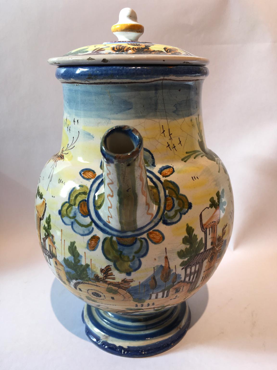 Italy Mid-18th Century Pharmacy Ceramic Carafe in Yellow Blue with Landscape 5