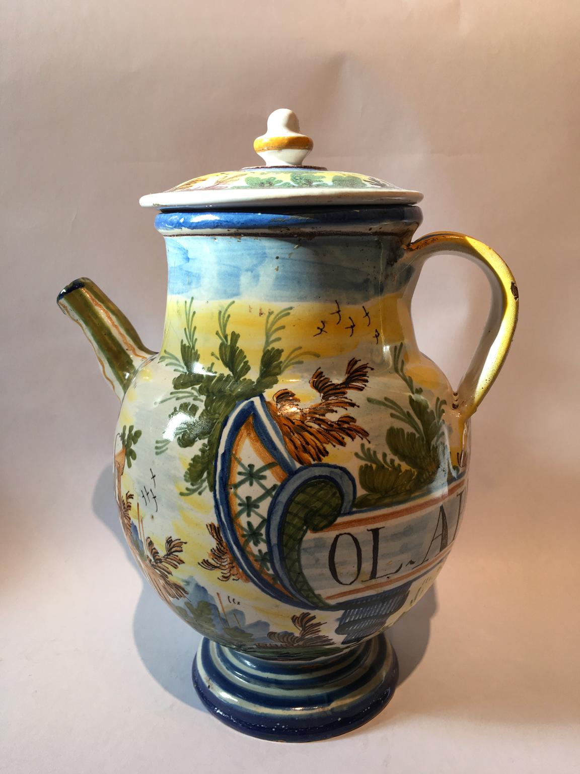 This beautiful ceramic caraf, was utilized in a Pharmacy to contain erbs and spices infusions.
The piece shows all the signs of the time, but it remains a fascinating object. Original from Eastern Italy, Veneto.
Handcrafted, hand painted, words in