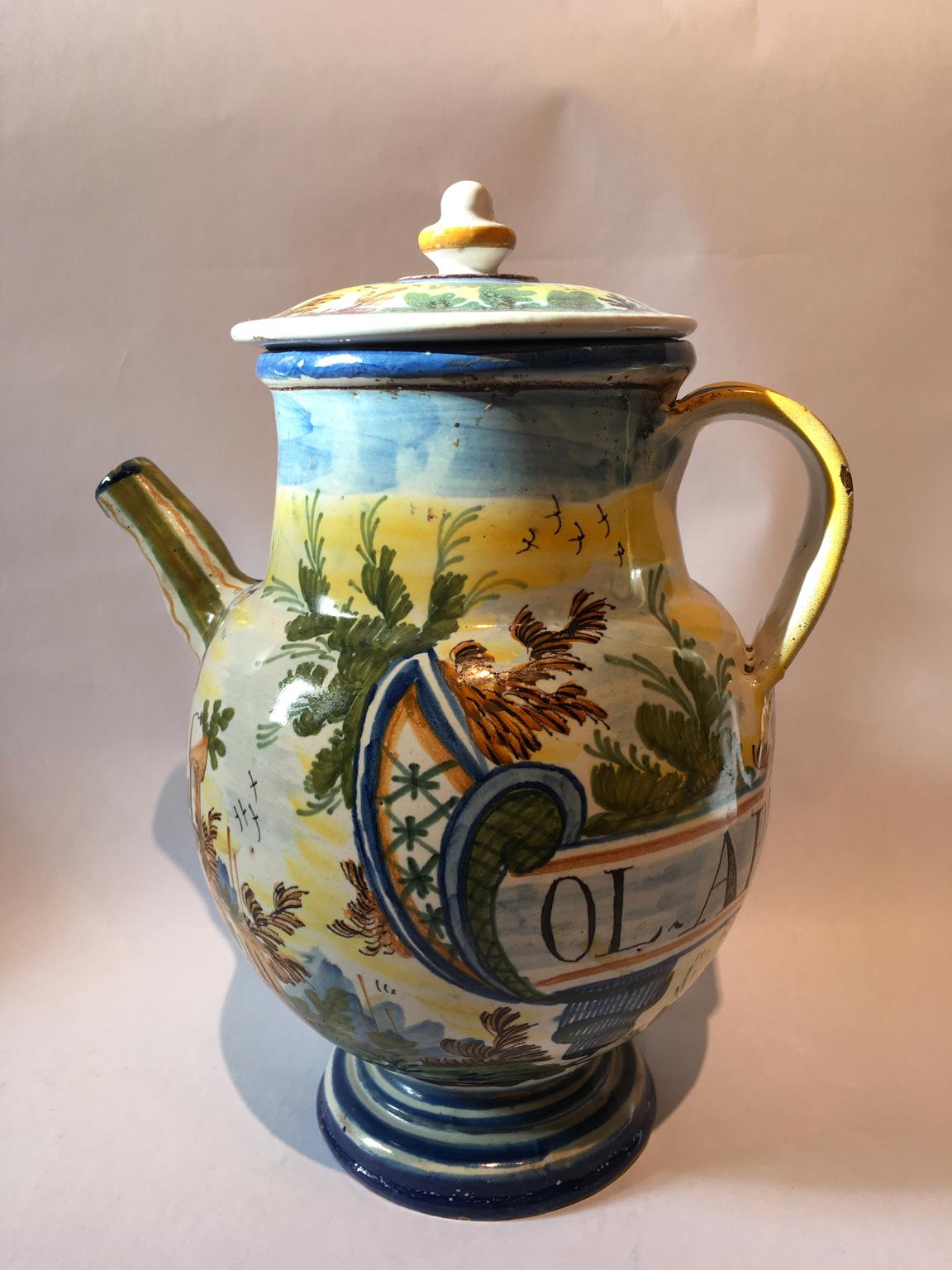 Italy Mid-18th Century Pharmacy Ceramic Carafe in Yellow Blue with Landscape 14