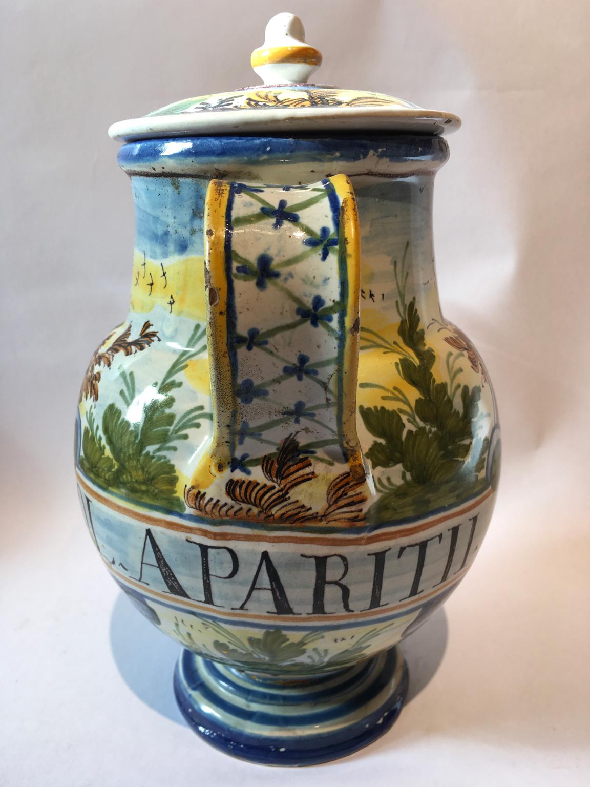Italy Mid-18th Century Pharmacy Ceramic Carafe in Yellow Blue with Landscape In Good Condition In Brescia, IT