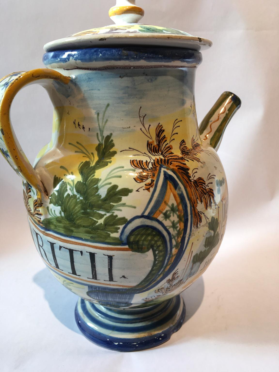 Italy Mid-18th Century Pharmacy Ceramic Carafe in Yellow Blue with Landscape 1