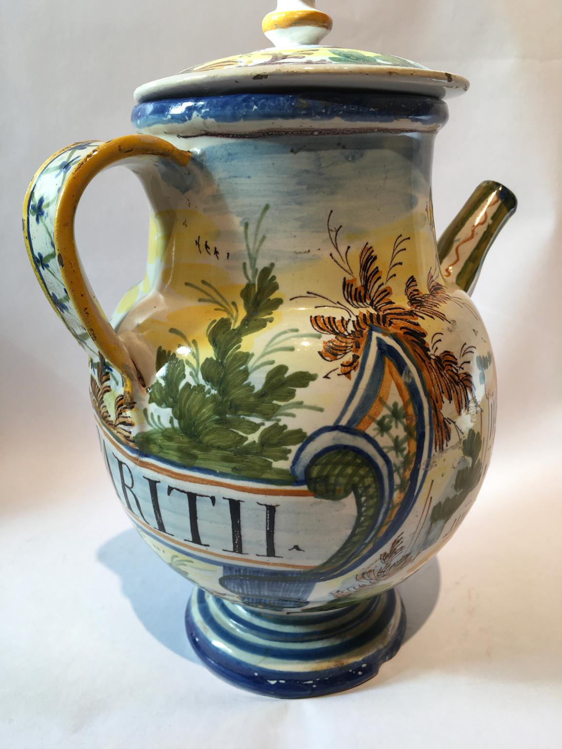 Italy Mid-18th Century Pharmacy Ceramic Carafe in Yellow Blue with Landscape 2