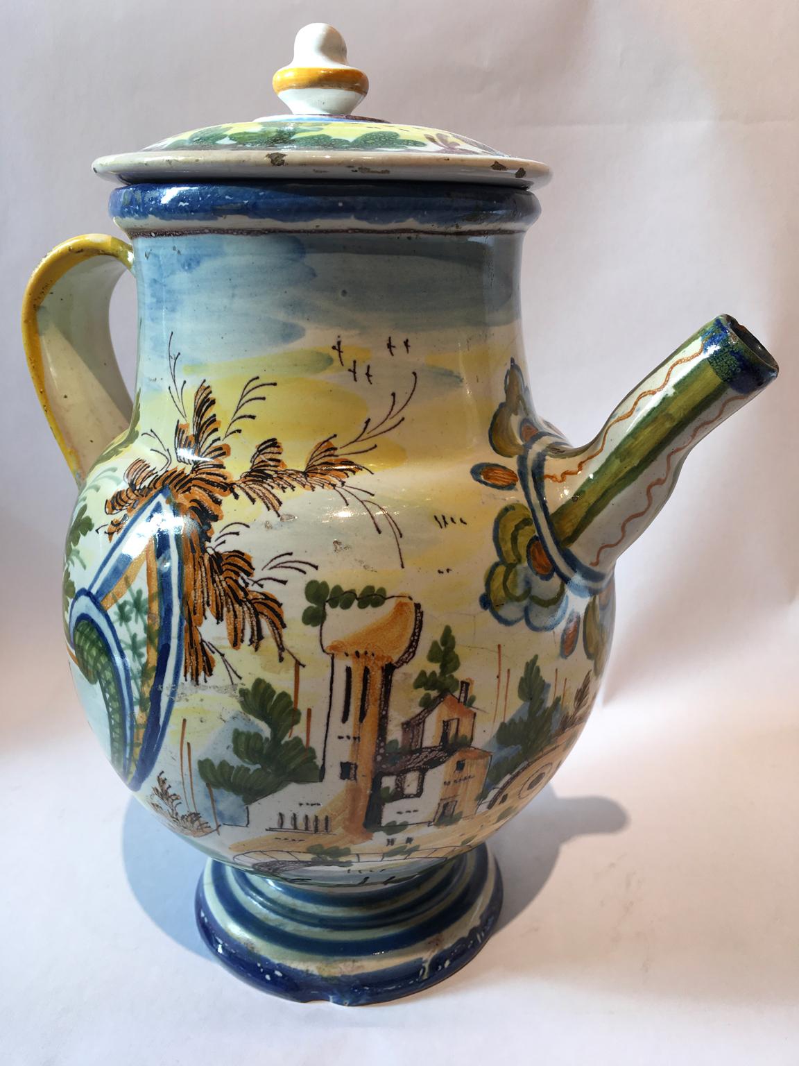 Italy Mid-18th Century Pharmacy Ceramic Carafe in Yellow Blue with Landscape 3