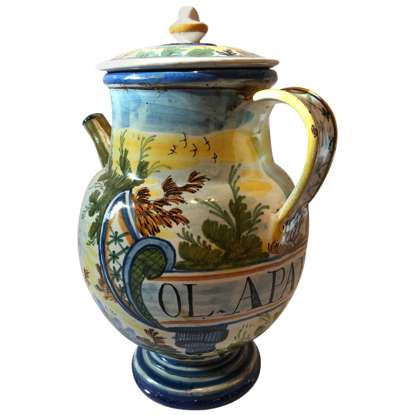 Italy Mid-18th Century Pharmacy Ceramic Carafe in Yellow Blue with Landscape
