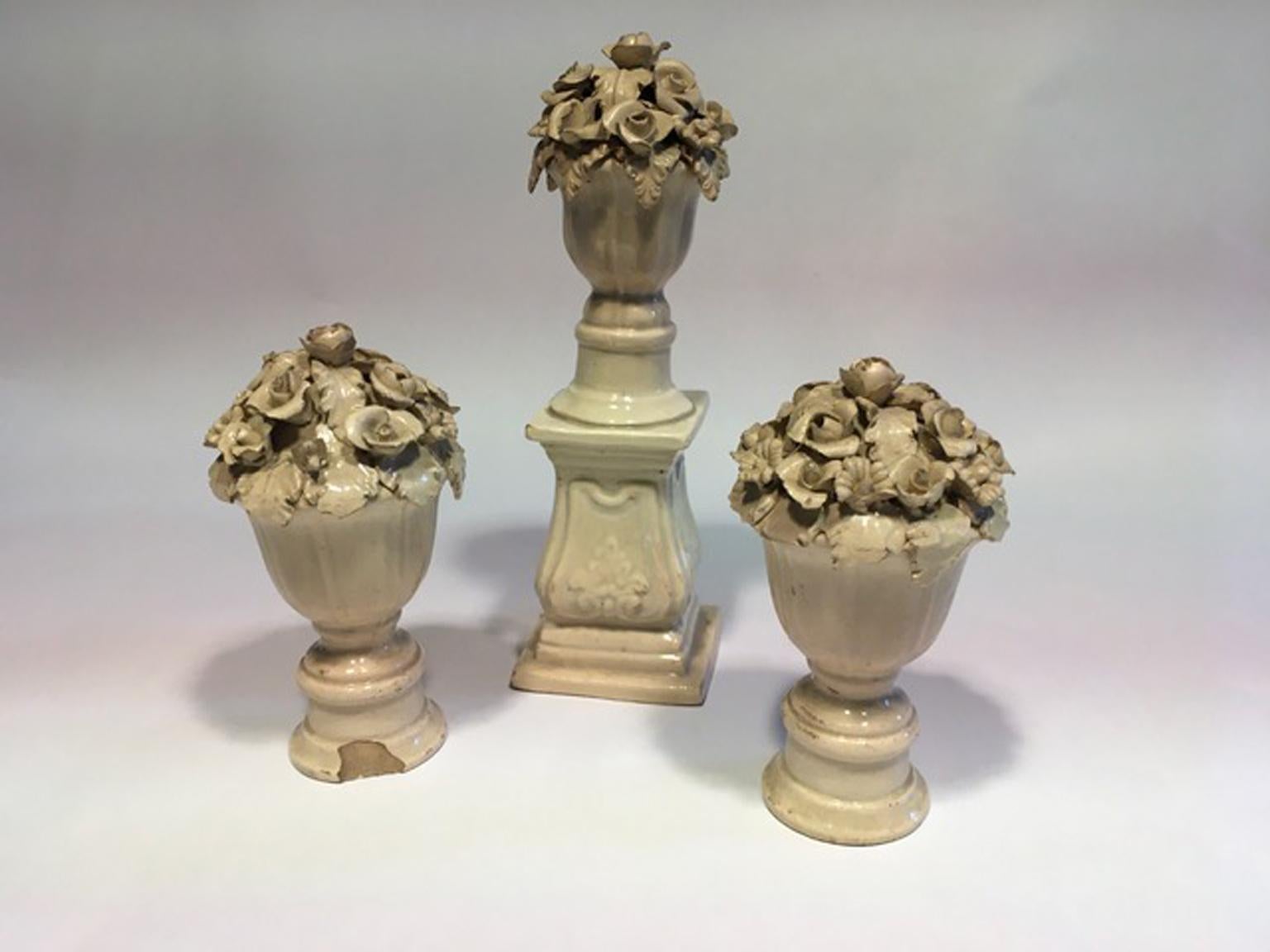 Regency Mid-18th Century Set of 3 White Porcelain Vases with Flowers for Table Decor