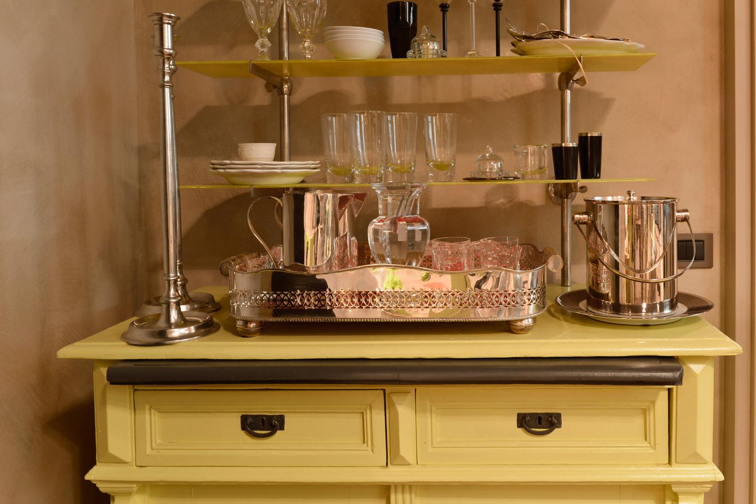 French Provincial Italy Mid-19th Century Yellow Wood Buffet with Yellow Glass Shelves For Sale