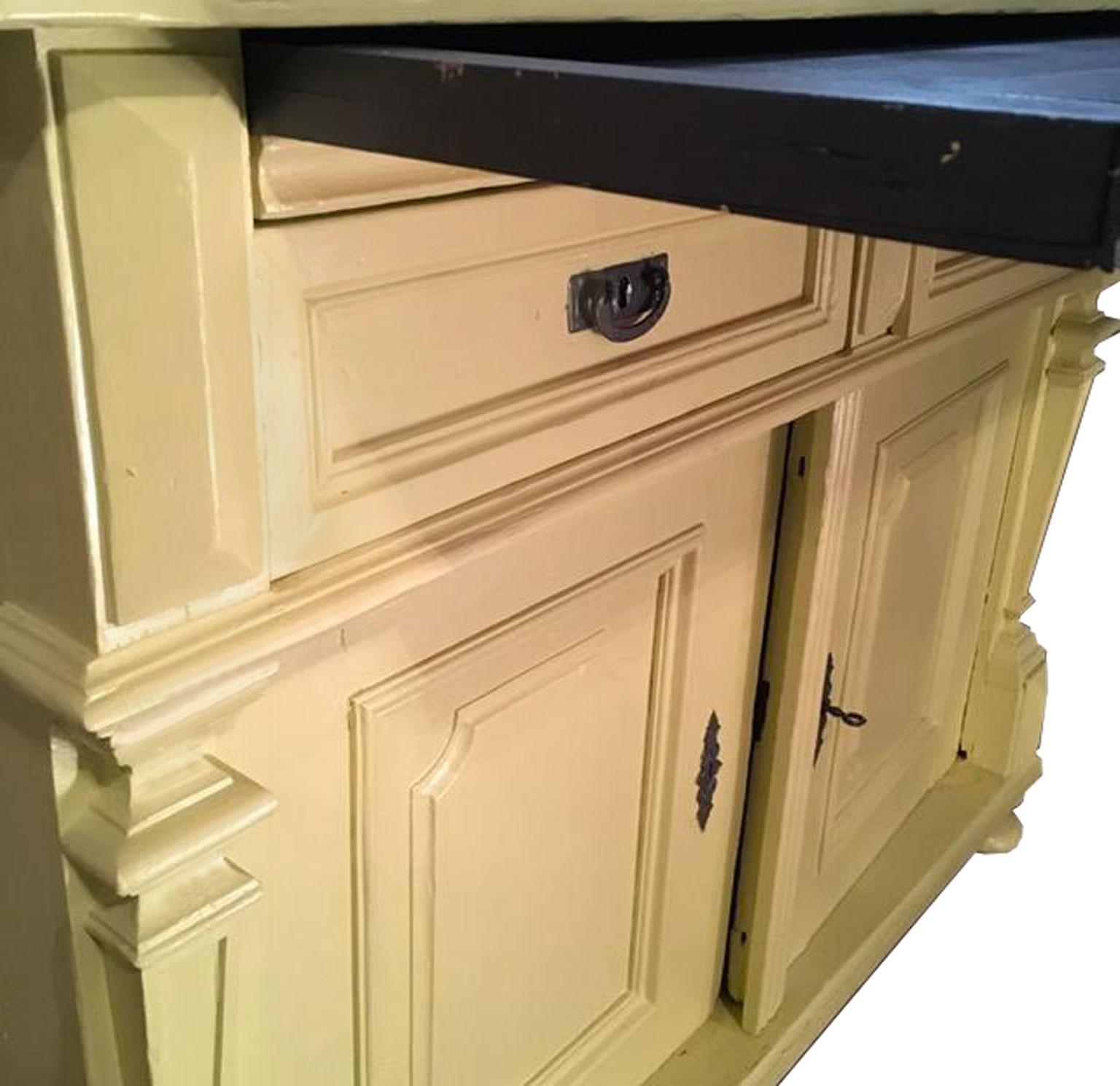 Hand-Crafted Italy Mid-19th Century Yellow Wood Buffet with Yellow Glass Shelves For Sale