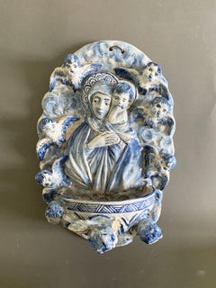 Italy Mid-20th Century White and Blue Pottery Holy Water Font with Little Angels