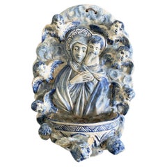 Italy Mid-20th Century White and Blue Pottery Holy Water Font with Little Angels