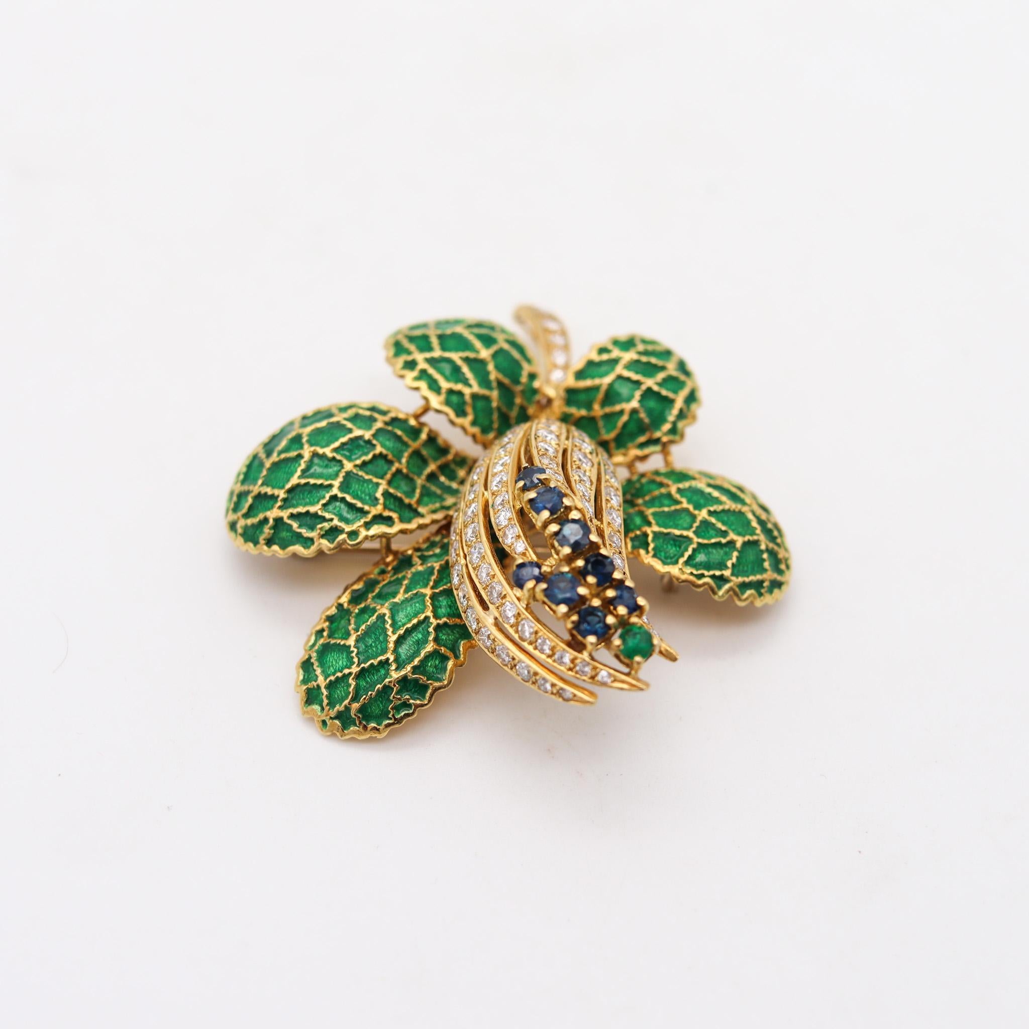 Modernist Italy Mid Century 1960 Enamel Brooch 18Kt Gold With 4.42 Ctw Diamonds Sapphires For Sale