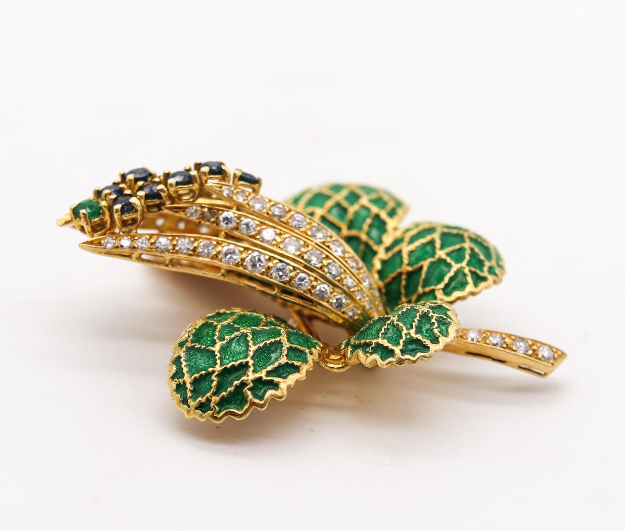 Brilliant Cut Italy Mid Century 1960 Enamel Brooch 18Kt Gold With 4.42 Ctw Diamonds Sapphires For Sale