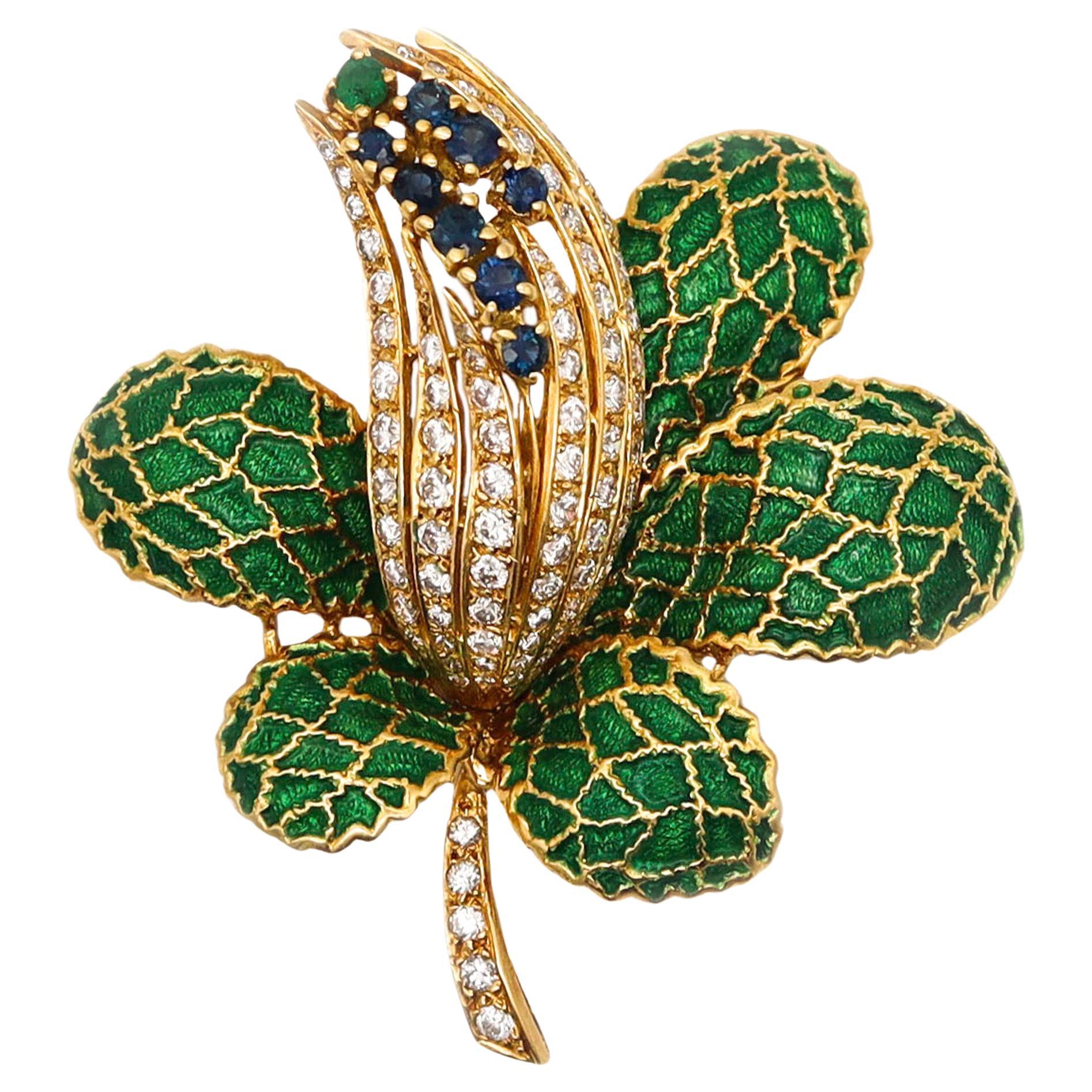 Italy Mid Century 1960 Enamel Brooch 18Kt Gold With 4.42 Ctw Diamonds Sapphires For Sale