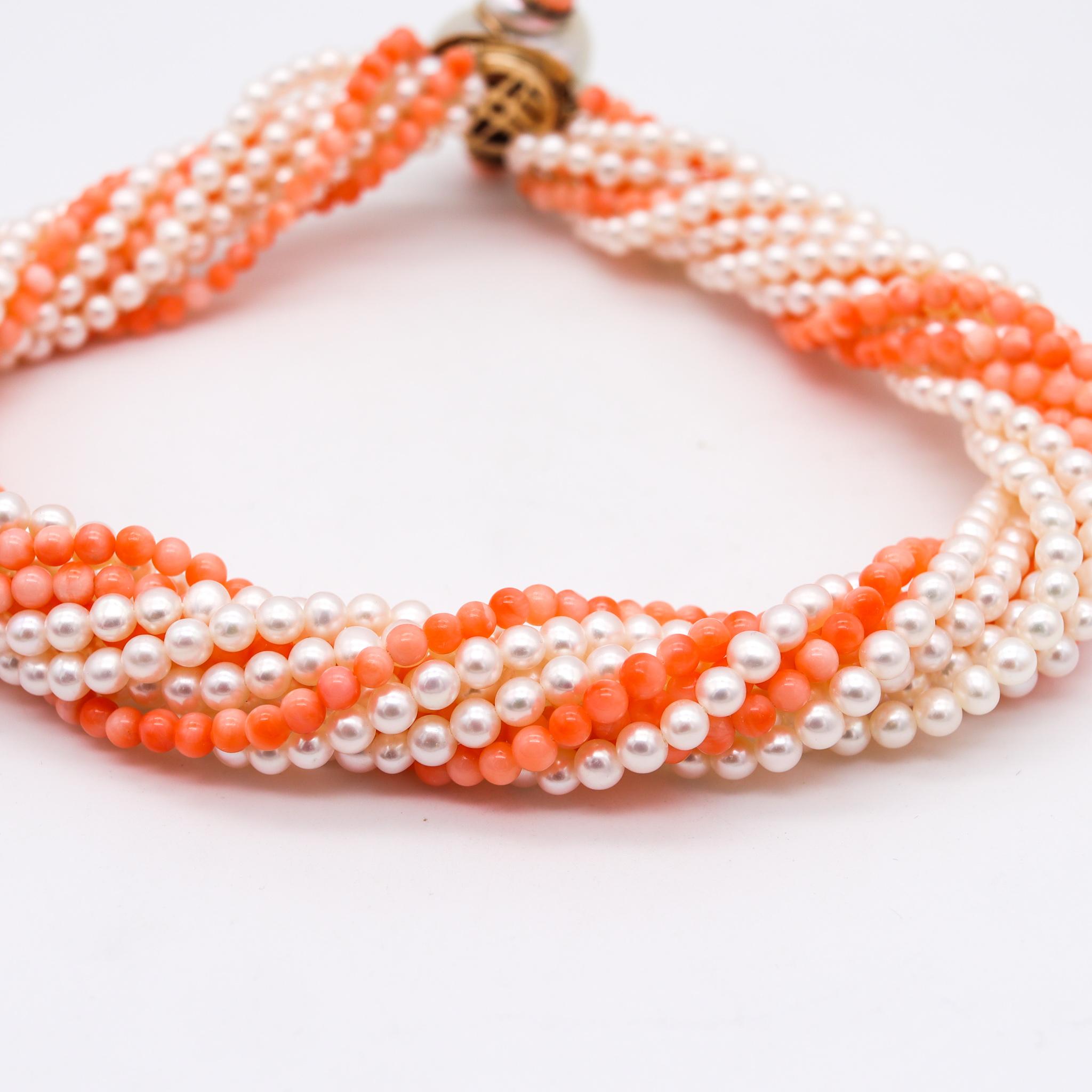 Cabochon Italy Modernism Seashell Necklace in 14Kt Yellow Gold with Pink Coral and Pearls