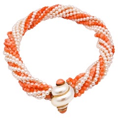 Italy Modernism Seashell Necklace in 14Kt Yellow Gold with Pink Coral and Pearls
