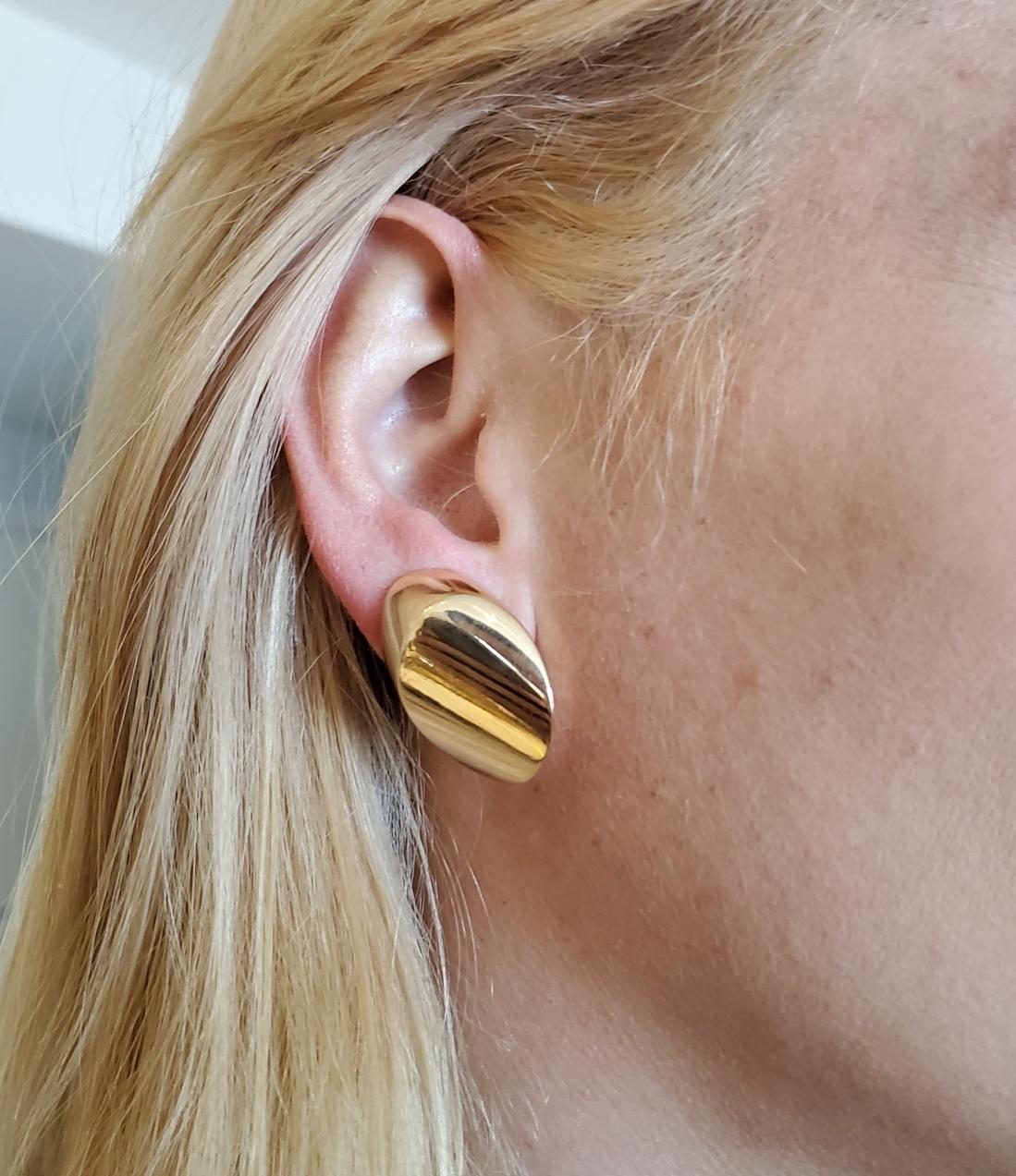 Sculptural three dimensional earrings designed by Vhernier.

Terrific pair of ultra modernist earrings, created in Milano Italy by the jewelry house of Vhernier. These pair has been crafted in three dimensions, with bold sculptural volumes in solid