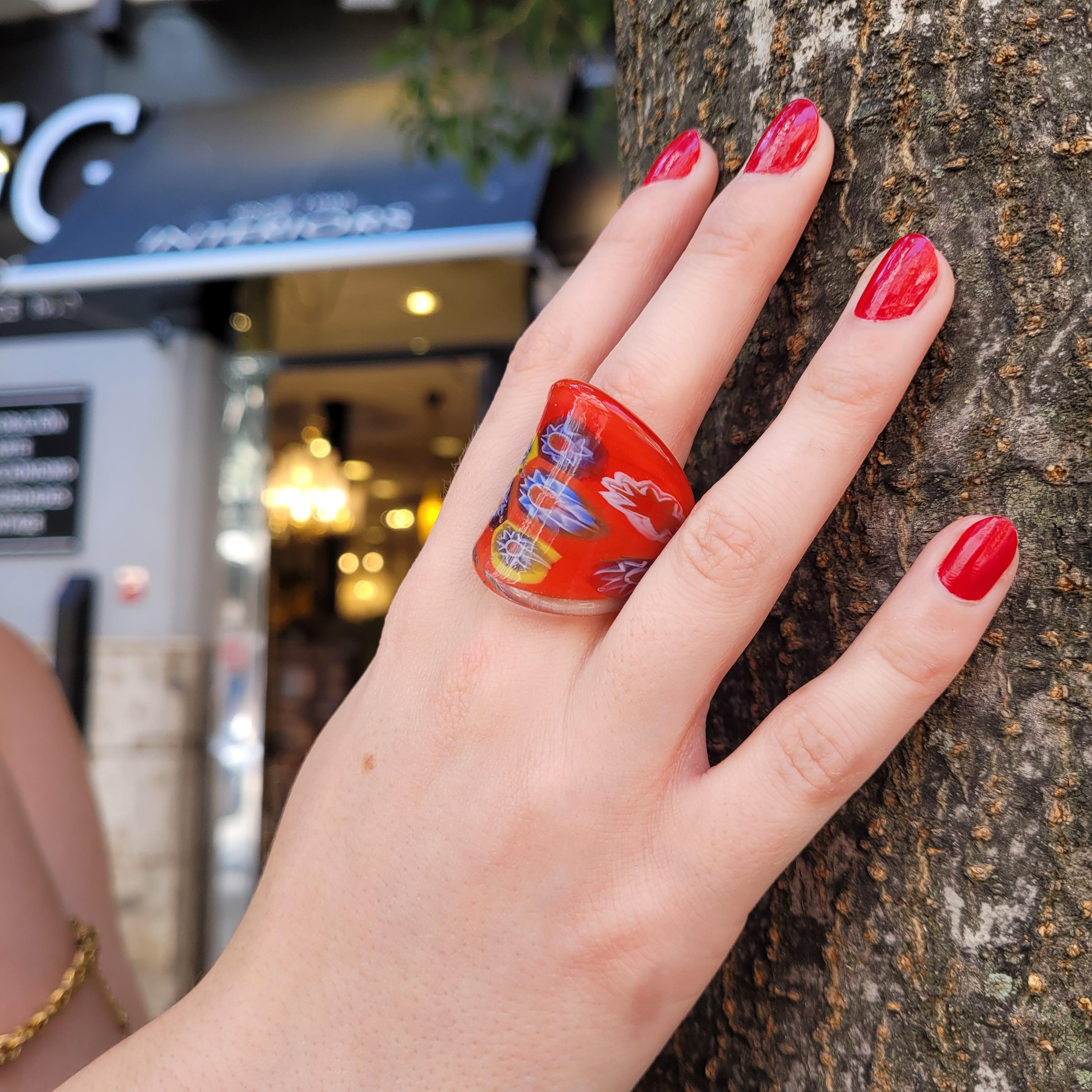 Italien Murano Millefiori Ring, Rotes Muranoglas, Vintage im Angebot 11