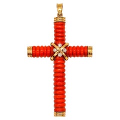 Italy Napoles Fluted Red Coral Cross in 14kt Yellow Gold with Four Diamonds