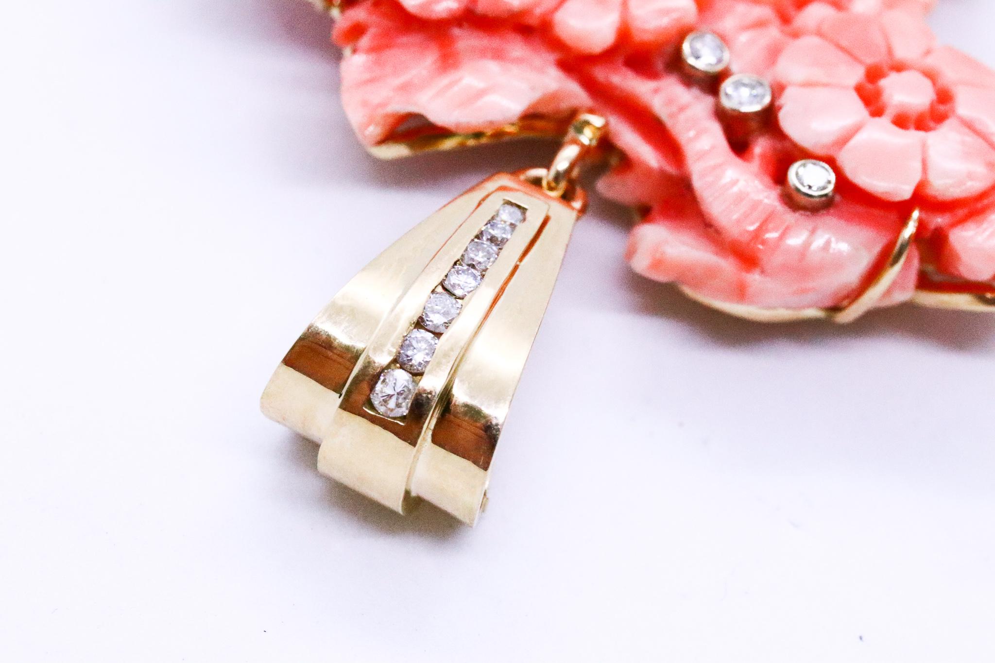 Modernist Italy Organic Pendant in 14kt Yellow Gold with 1.22cts in Diamonds Carved Coral