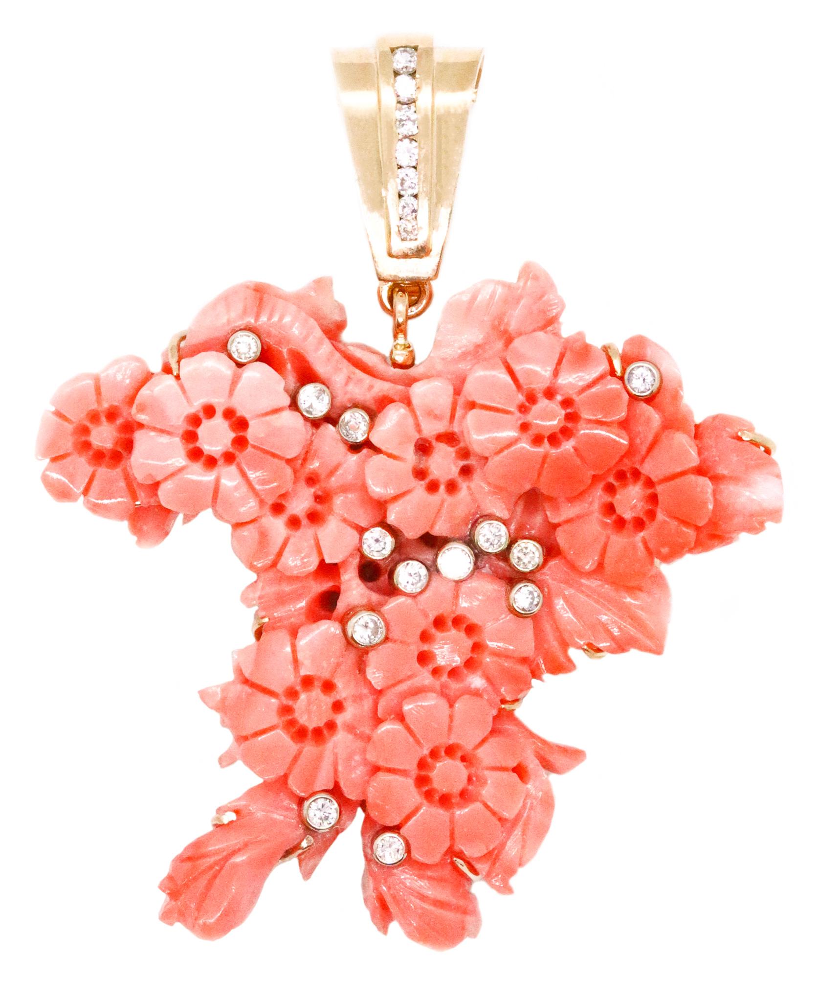 Italy Organic Pendant in 14kt Yellow Gold with 1.22cts in Diamonds Carved Coral For Sale 2