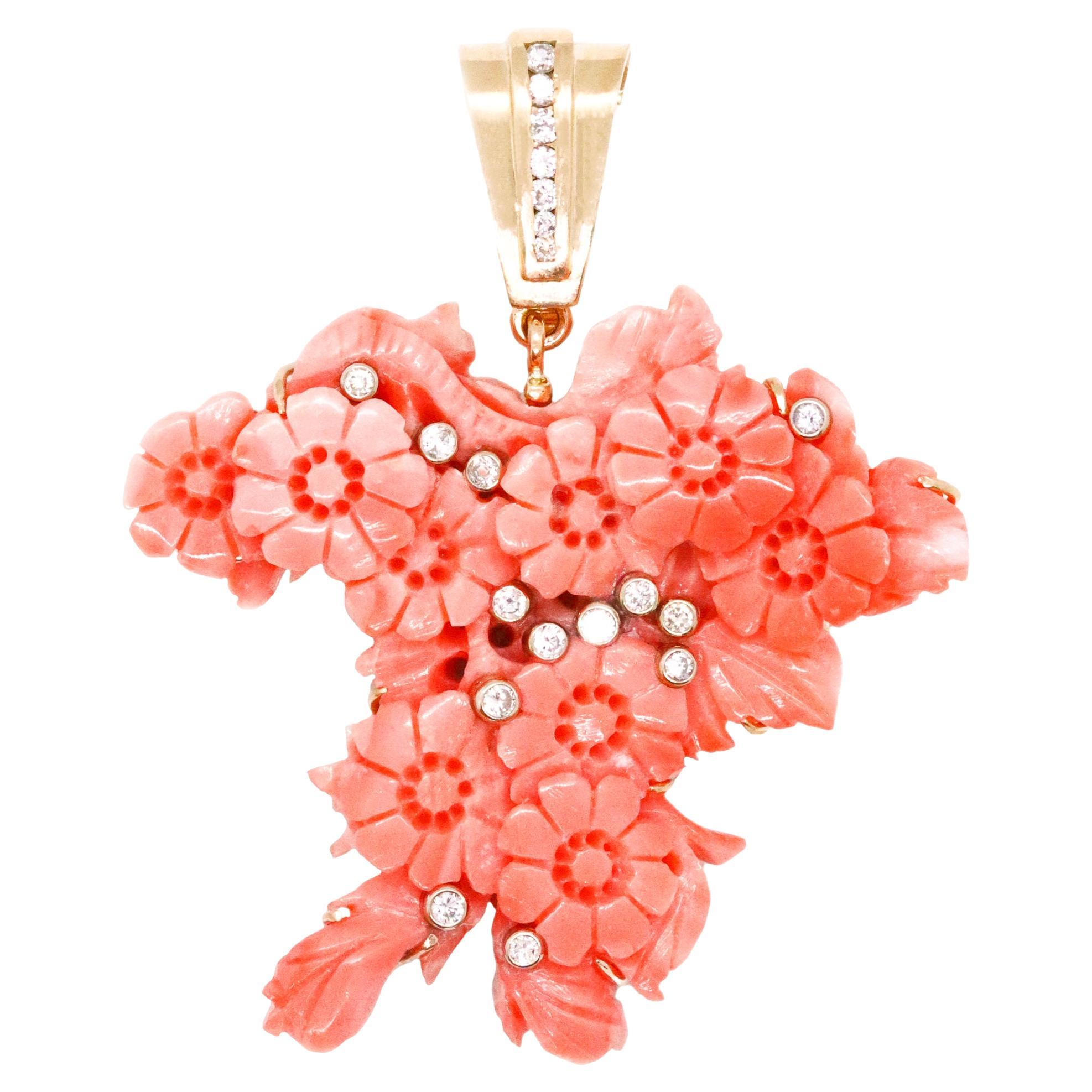 Italy Organic Pendant in 14kt Yellow Gold with 1.22cts in Diamonds Carved Coral