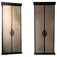 Italy Pair of Postmodern Brown Oak Cabinet with Rafia Panels and Bronze Handles