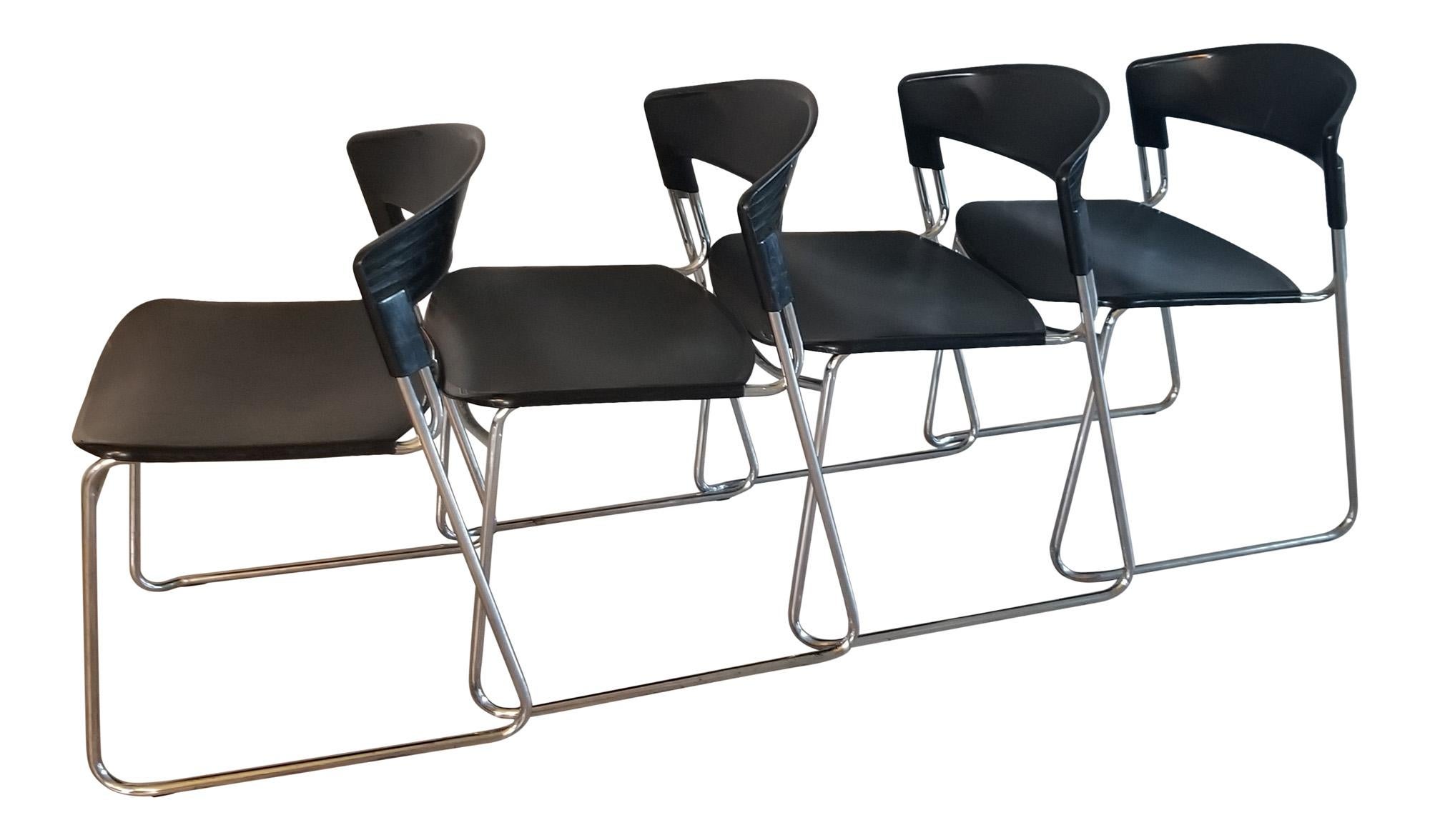 Stackable Chairs
From ITALY by architect designer Paolo Favaretto set of Four Tubular Chrome Chairs in Black
Post Modern Versatility Stackable & Stylish designed in 1986
Style Assisa; chairs are made with tubular chrome structure & polypropylene