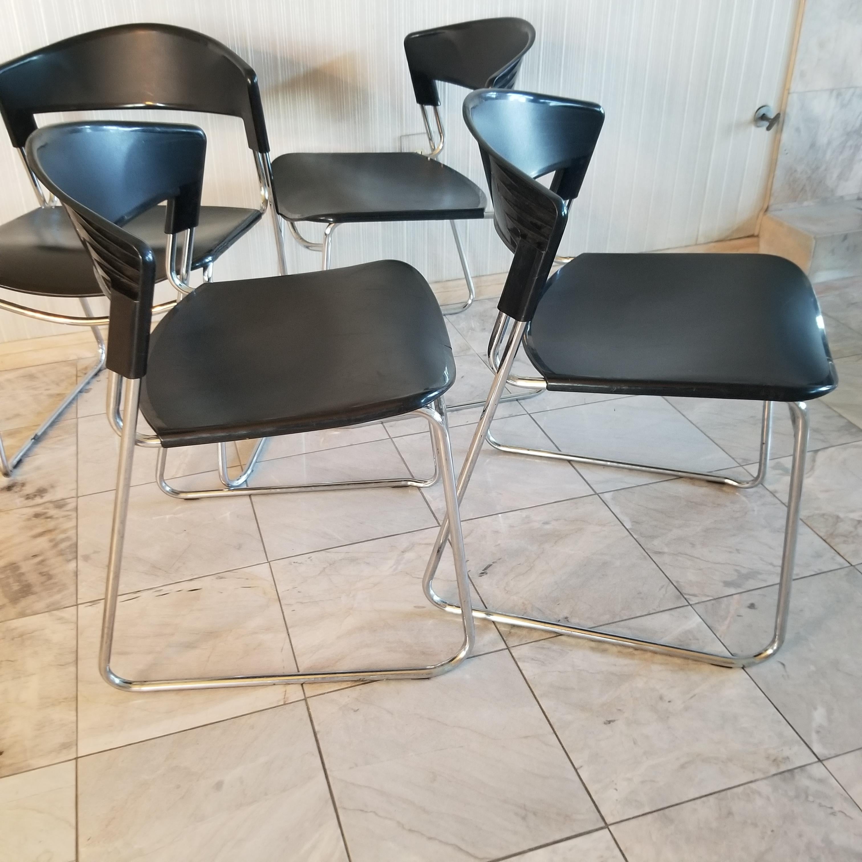 ITALY Paolo Favaretto  Post Modern Tubular Chrome Chairs Stacking Assisa  1986 1