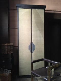 Italy Postmodern Dark Oak Cabinet with Raffia Panels and Bronze Handles