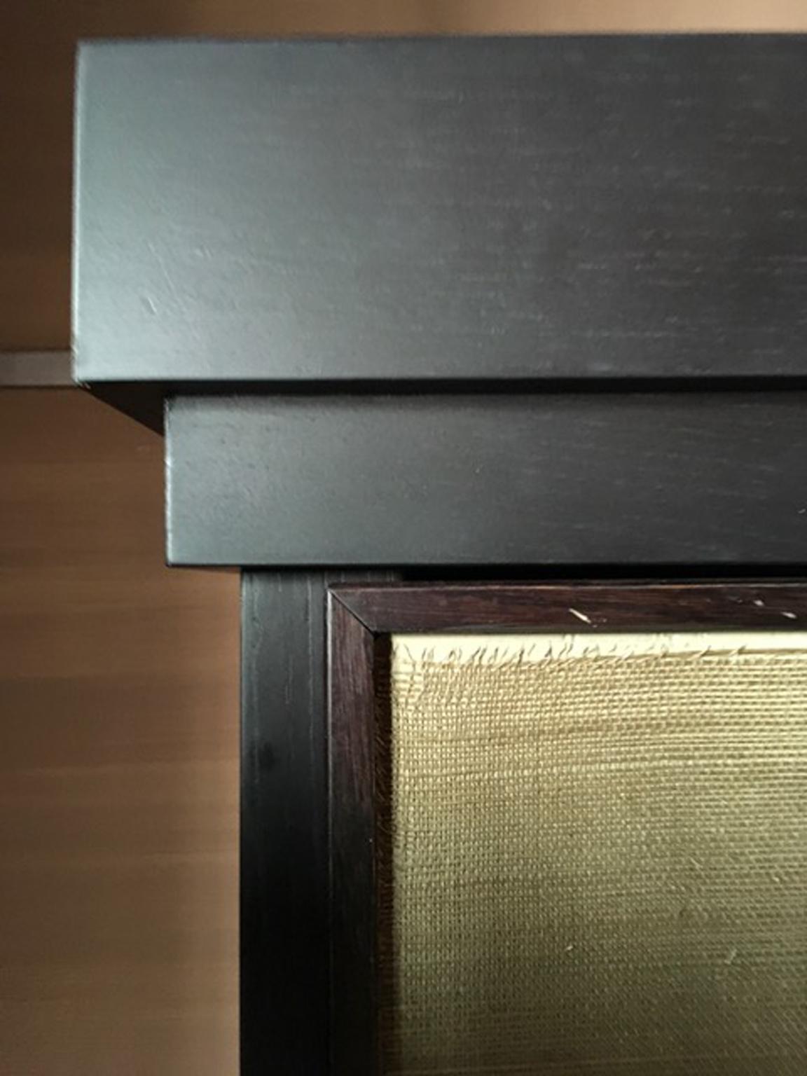 Italian Italy Postmodern Dark Oak Cabinet with Raffia Panels and Bronze Handles For Sale