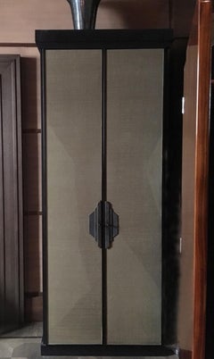 Italy Post-Modern Dark Oak Wood Cabinet with Raffia Panels and Bronze Handles