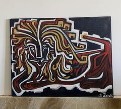 Italy Post-Modern Oil Painting on Canvas with a Lion in Black Red and Yellow