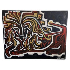 Italy Post-Modern Oil Painting on Canvas with a Lion in Black Red and Yellow