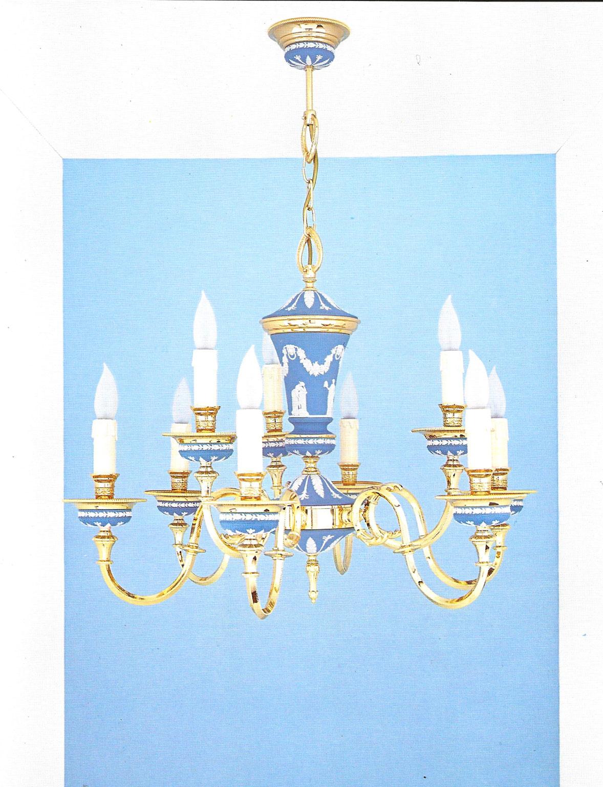 This elegant and glamorous 9  lights Chandelier in sky-blue color, is one of the latest pieces manufactured by a well known Italian factory during the 1970’ and then left in stock until today. The Greek and Roman scenes have been applied by hand and