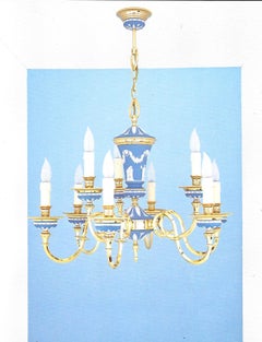 Italien 1970 Hollywood Regency Stil Blau Porzellan und Messing Kronleuchter 9 Lights