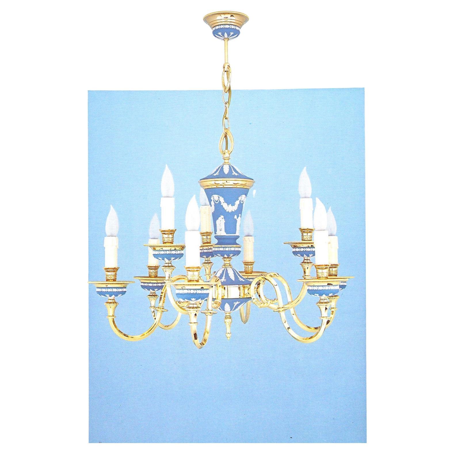 Italy 1970 Hollywood Regency Style Blue Porcelain and Brass Chandelier 9 Lights