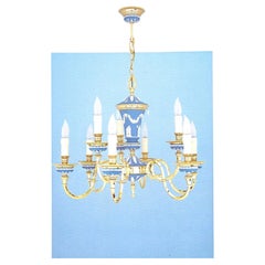 Vintage Italy Post-Modern Sky Blue Porcelain Brass Chandelier 9 Lights