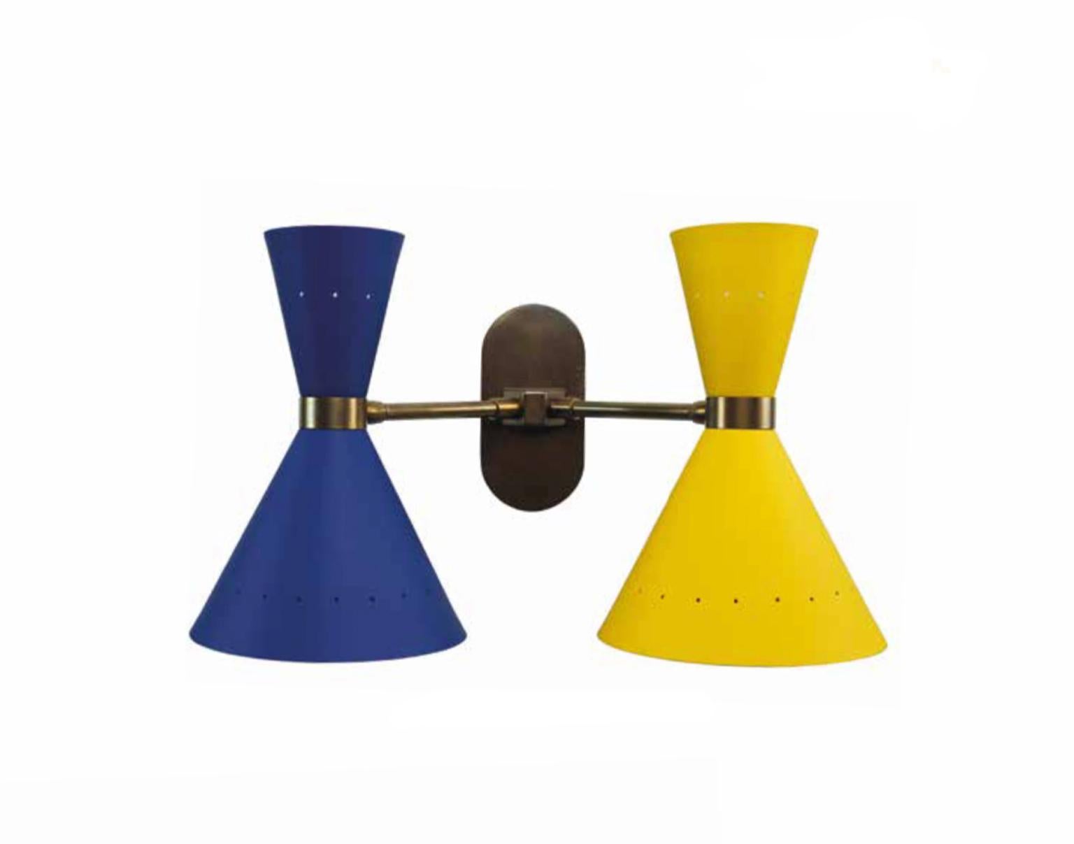 Italian Italy Postmodern Style Brass Table Lamp with Painted Metal Shades Yellow Blue For Sale