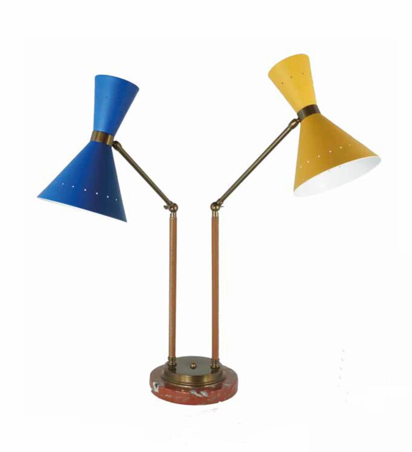 Hand-Crafted Italy Postmodern Style Brass Table Lamp with Painted Metal Shades Yellow Blue For Sale
