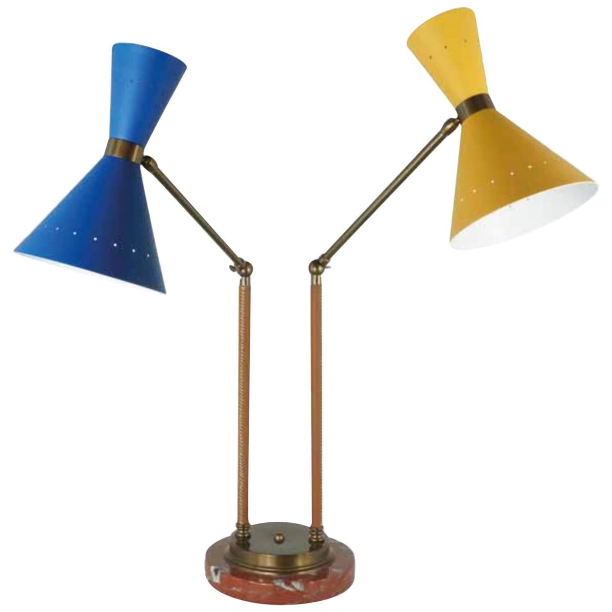 Italy Postmodern Style Brass Table Lamp with Painted Metal Shades Yellow Blue