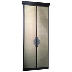 Italy Postmodern Dark Oak Cabinet with Raffia Panels and Bronze Handles