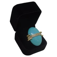 Italy Ring 18k yellow gold large turquoise cabochon and pavé of diamonds