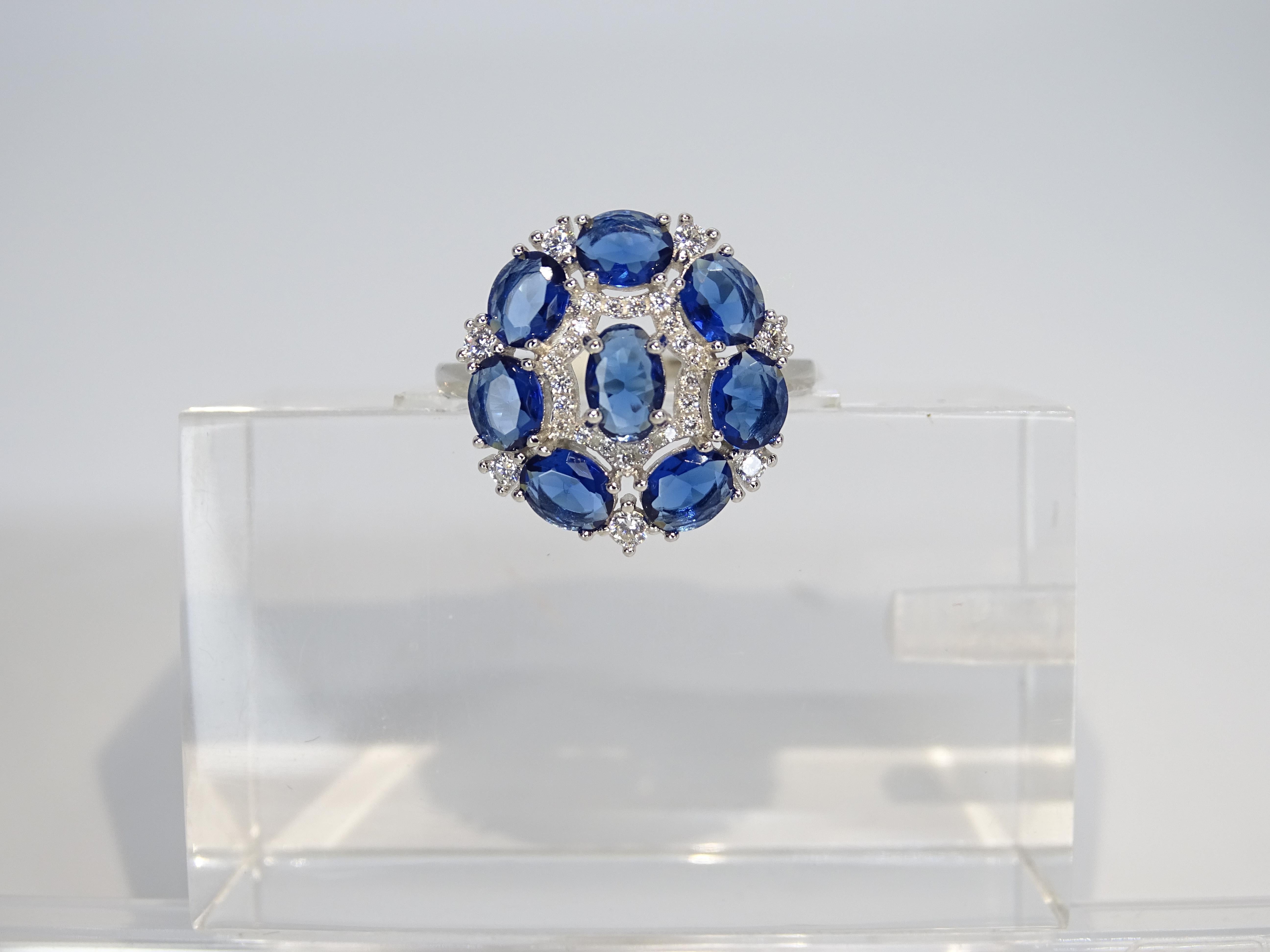 Italy rosette ring, sapphire root and zircons, 925 silver For Sale 4