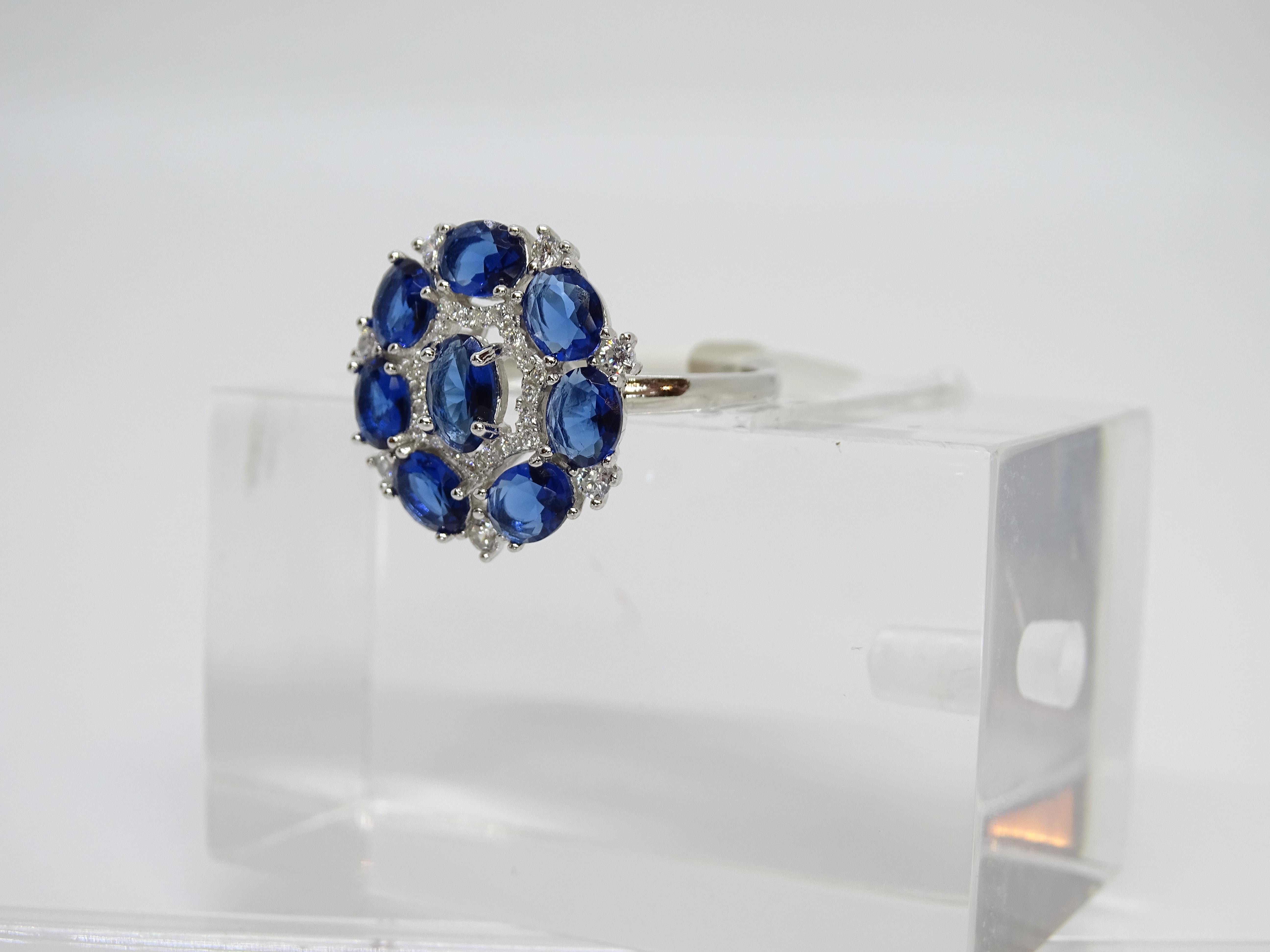 Italy rosette ring, sapphire root and zircons, 925 silver For Sale 11