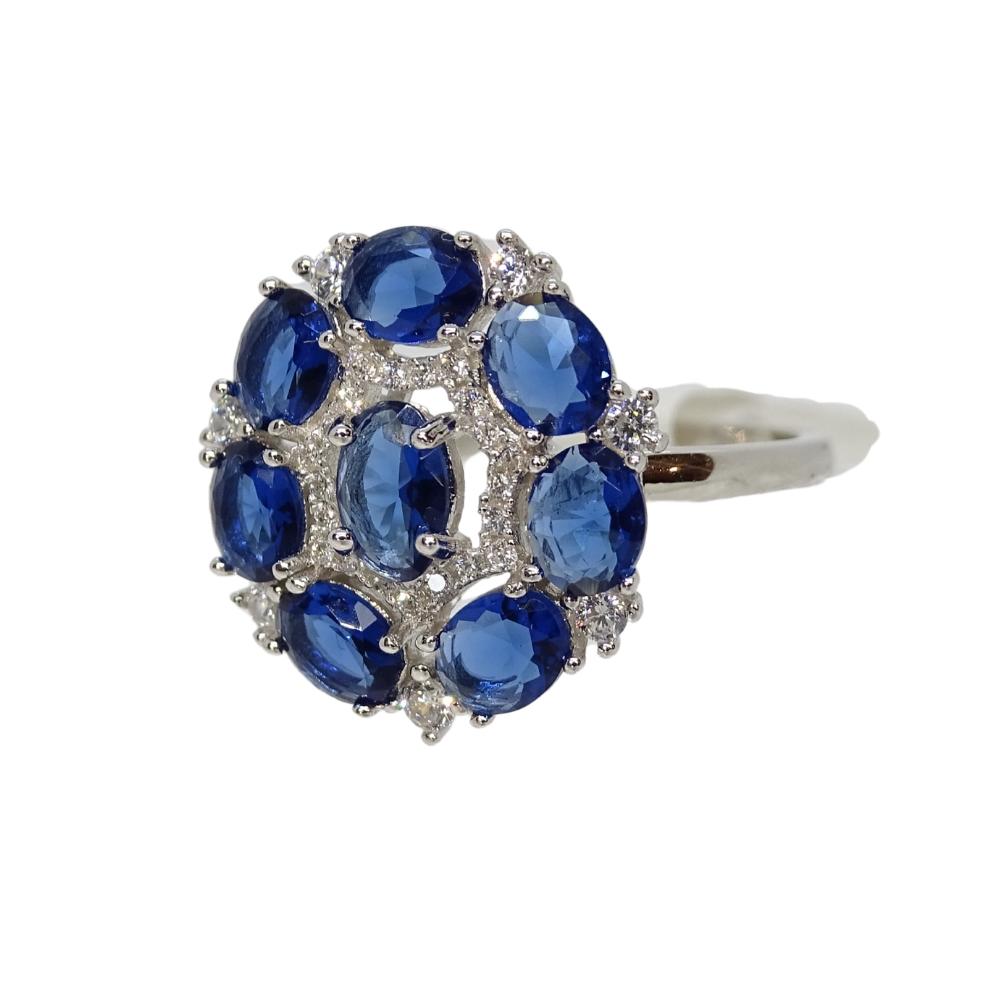 Art Nouveau Italy rosette ring, sapphire root and zircons, 925 silver For Sale
