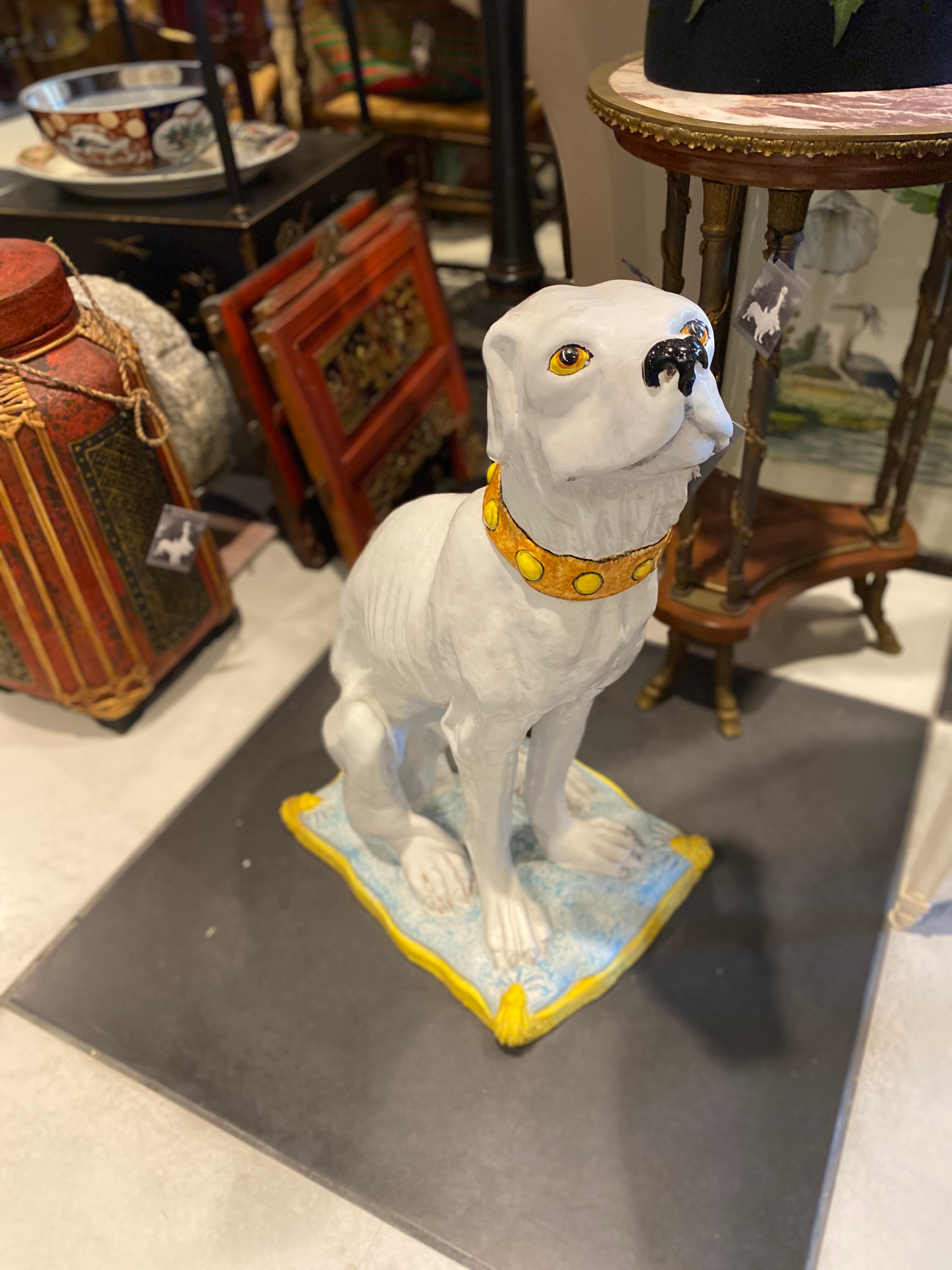 Molded Italy, Seated White Dog on Pillow For Sale