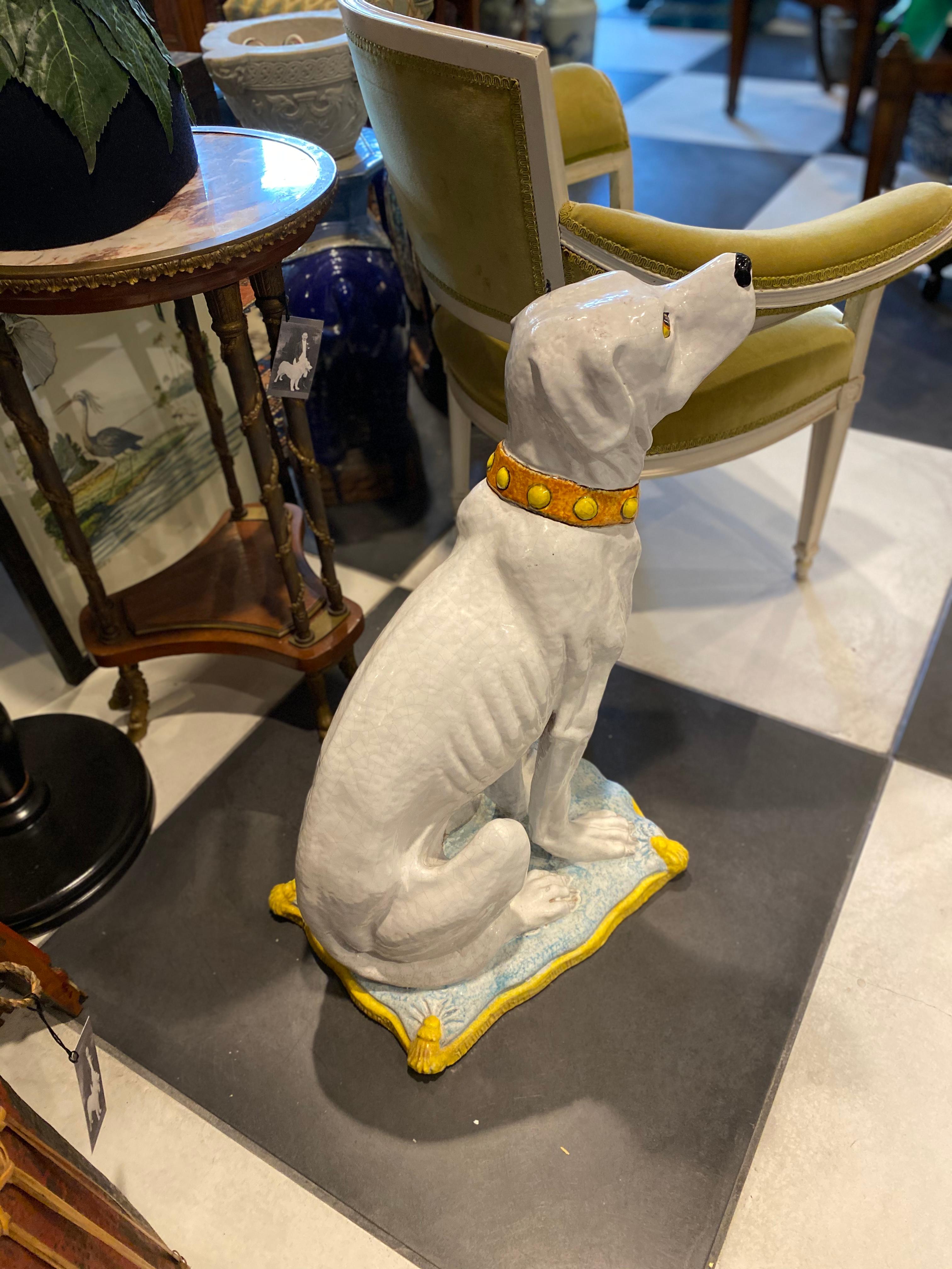 Italy, Seated White Dog on Pillow In Good Condition For Sale In Sarasota, FL