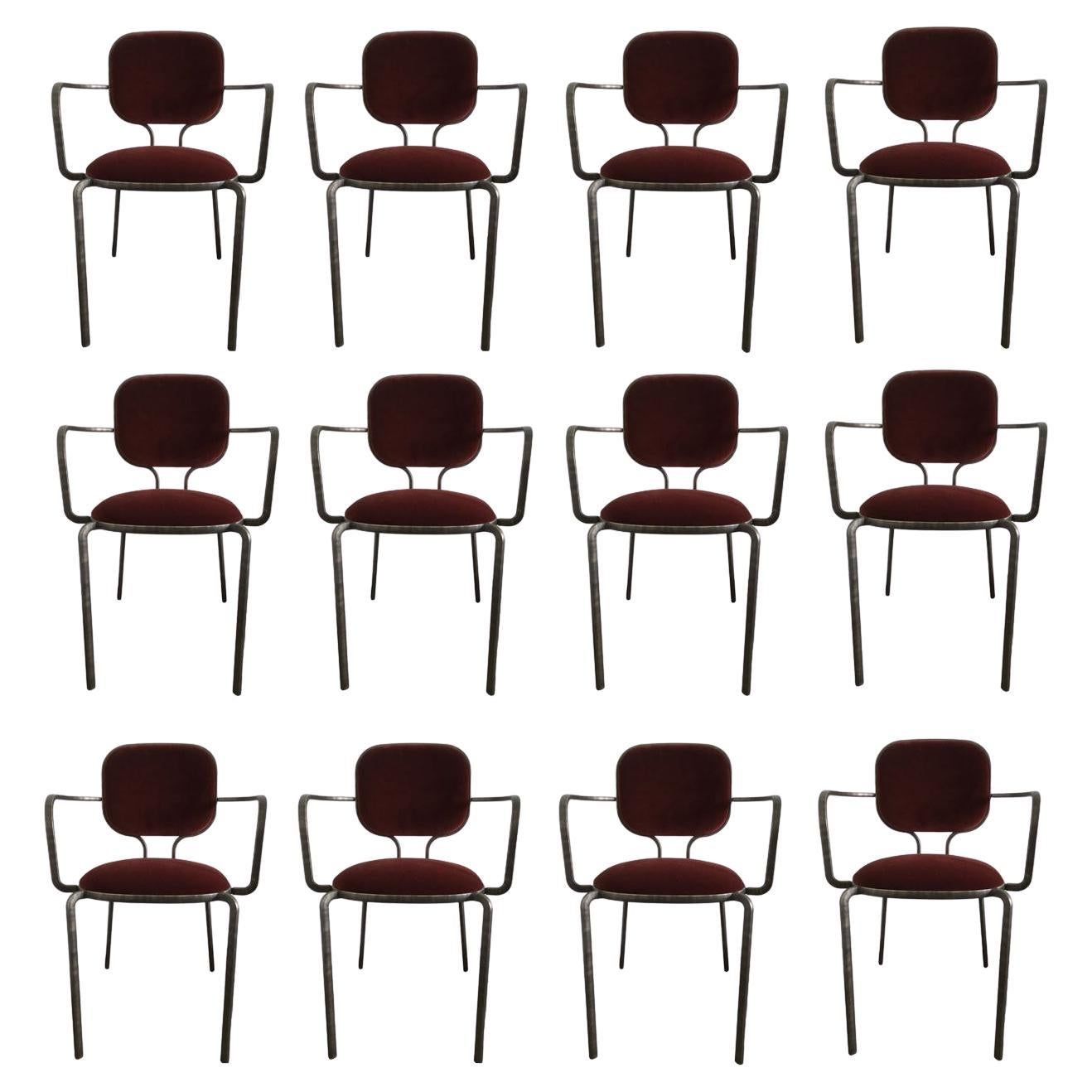 Italia Juego de 12 Sillones de metal bruñido y terciopelo by Ghidini 1961
