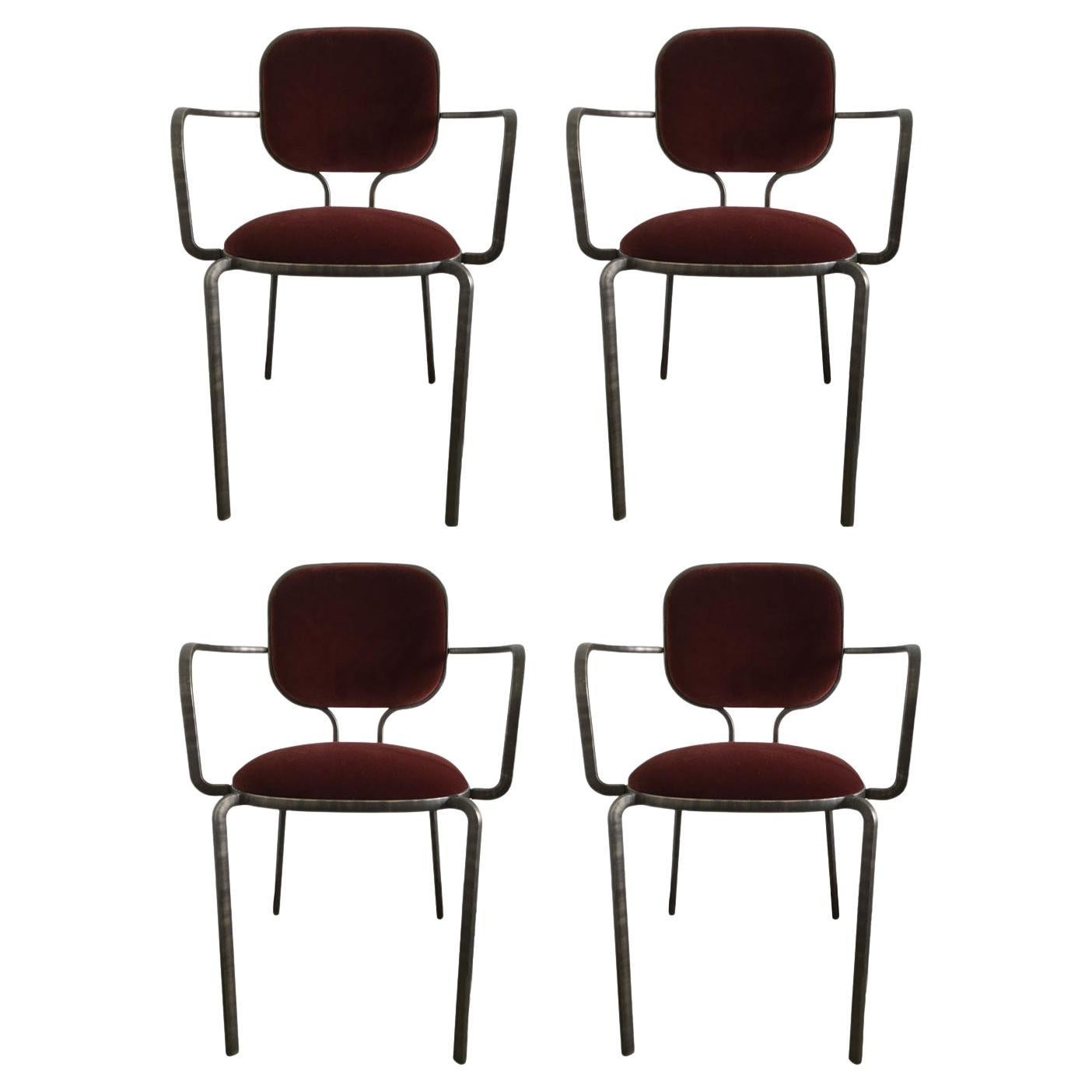 Italia Juego de 4 Sillones de metal bruñido y terciopelo by Ghidini 1961