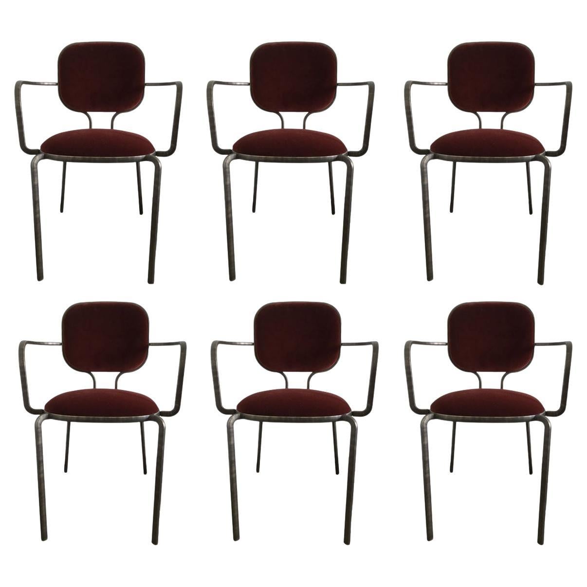 Italia Juego de 6 Sillones de metal bruñido y terciopelo by Ghidini 1961