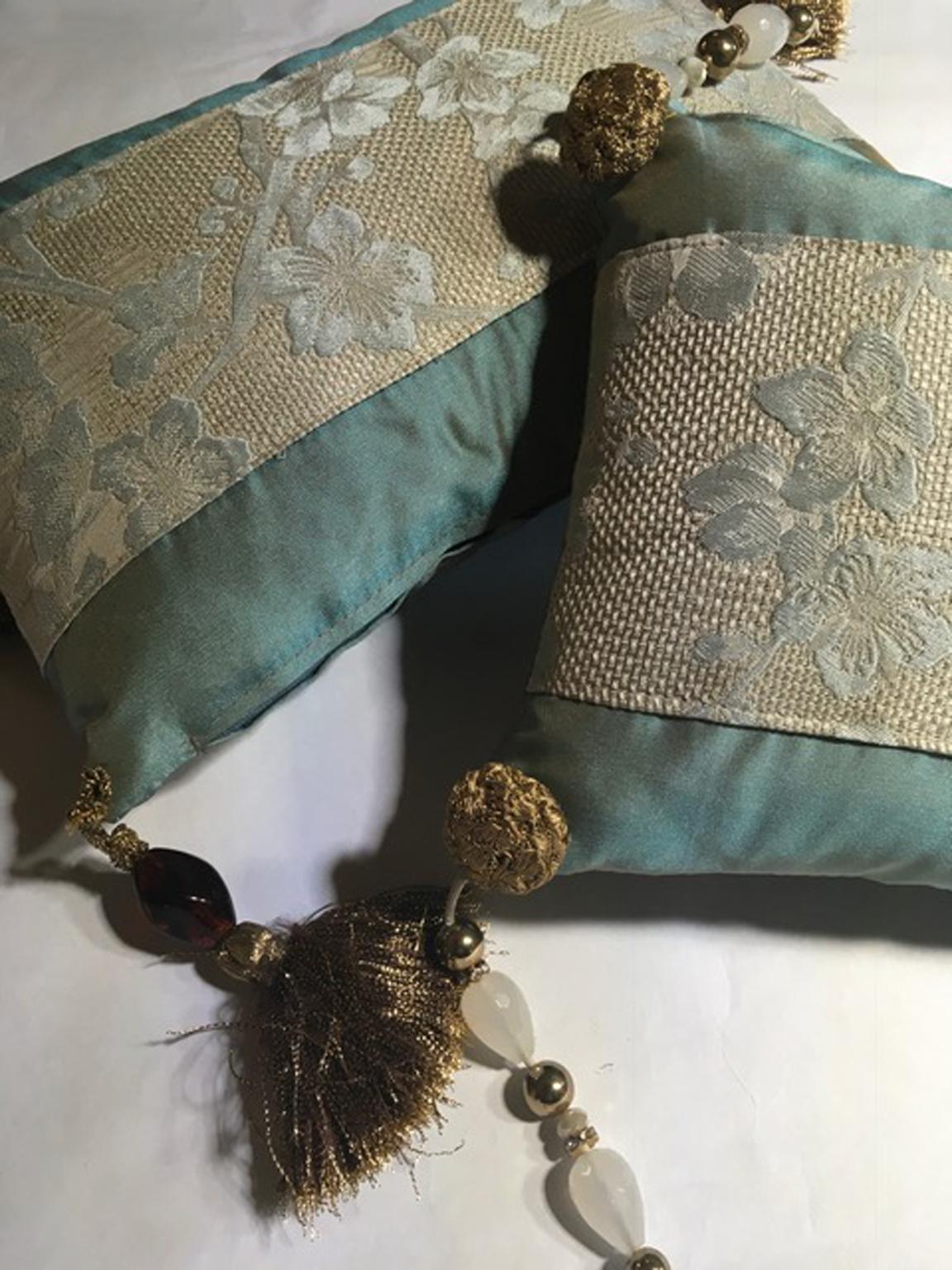 Hand-Crafted Italy Set Two Embroidered Silk Pillows Japanese Style For Sale
